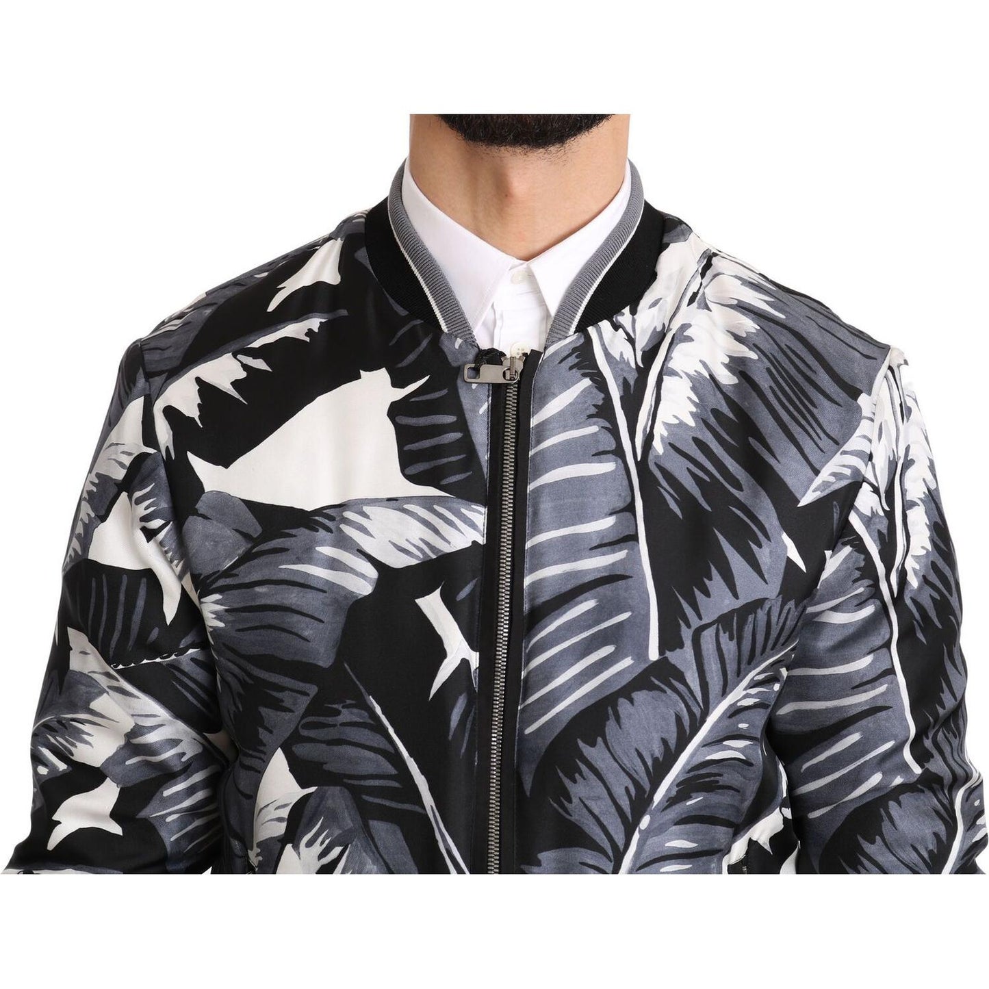 Elegant Banana Leaf Print Silk Bomber Jacket