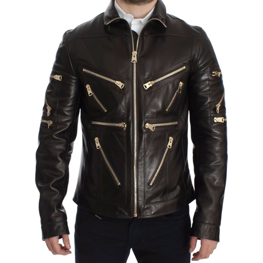 Dolce & Gabbana Elegant Brown Gold-Detailed Leather Jacket Coats & Jackets brown-lambskin-leather-zipper-jacket