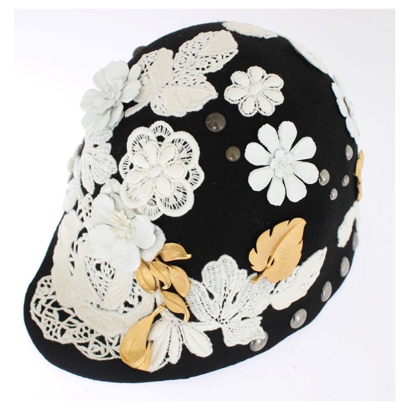 Elegant Black Floral Wool Cloche Hat