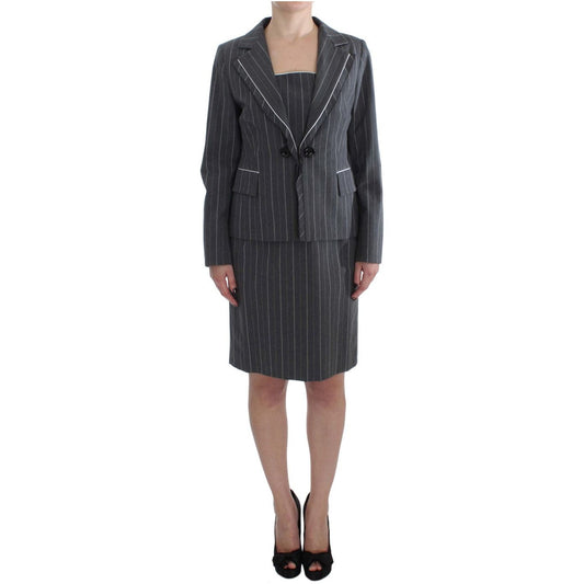 Elegant Gray Striped Dress & Blazer Suit Set