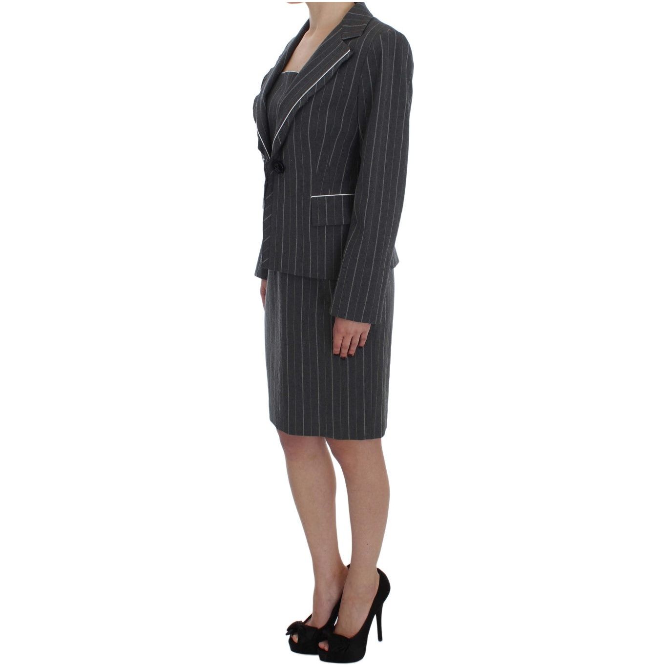 Elegant Gray Striped Dress & Blazer Suit Set