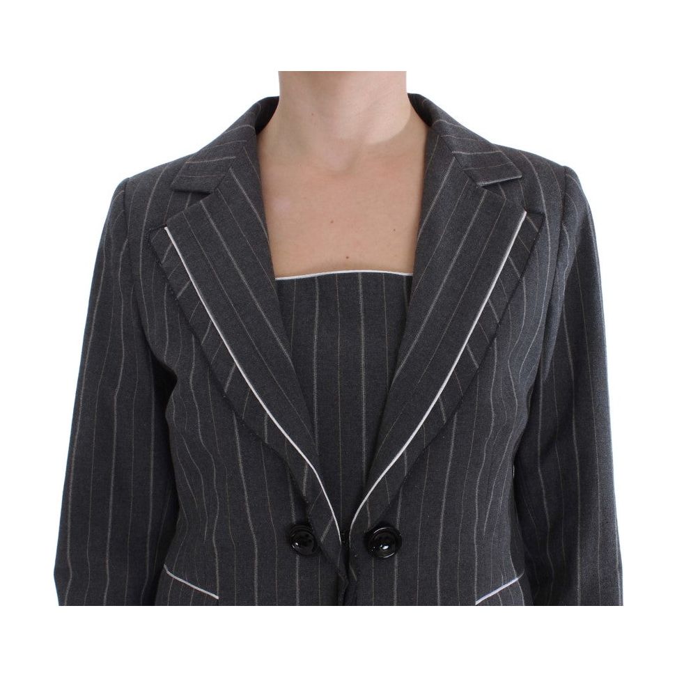 Elegant Gray Striped Dress & Blazer Suit Set