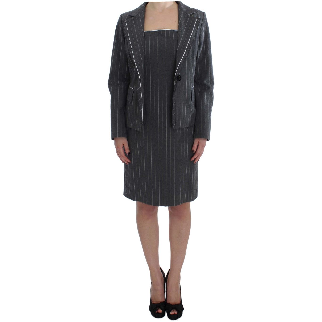 Elegant Gray Striped Dress & Blazer Suit Set