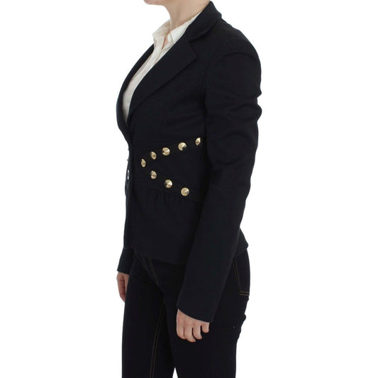 Chic Black Stretch Blazer with Gold Button Detail