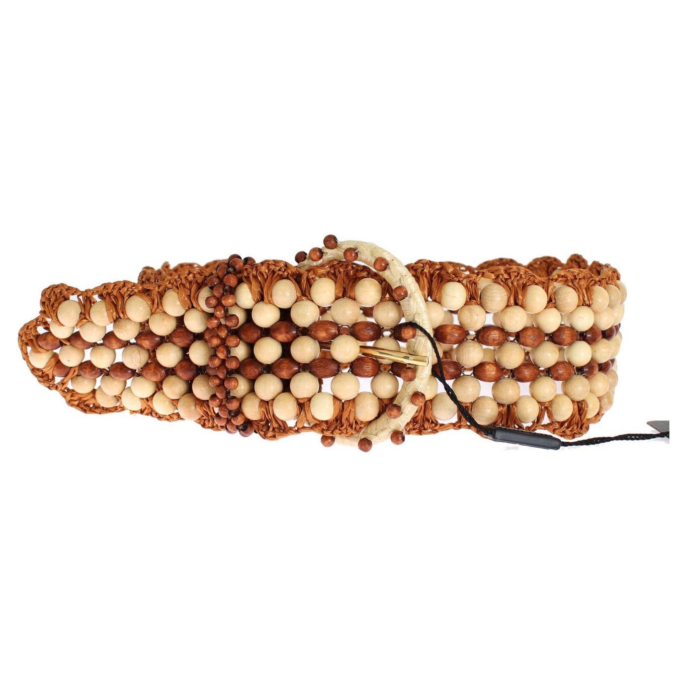 Dolce & Gabbana Brown Raffia Wood Beaded Wide Waist Belt Belt