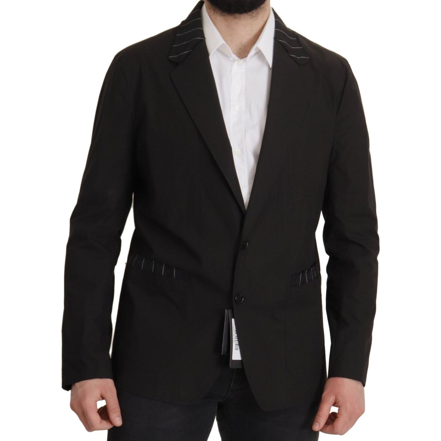 Elegant Black Cotton-Wool Blend Blazer Jacket