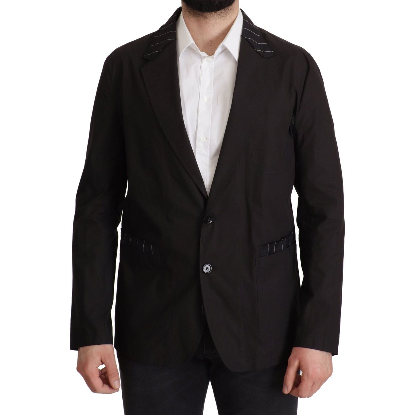 Elegant Black Cotton-Wool Blend Blazer Jacket