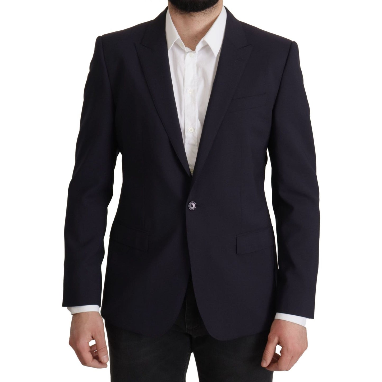 Elegant Navy Wool Blend Slim Blazer