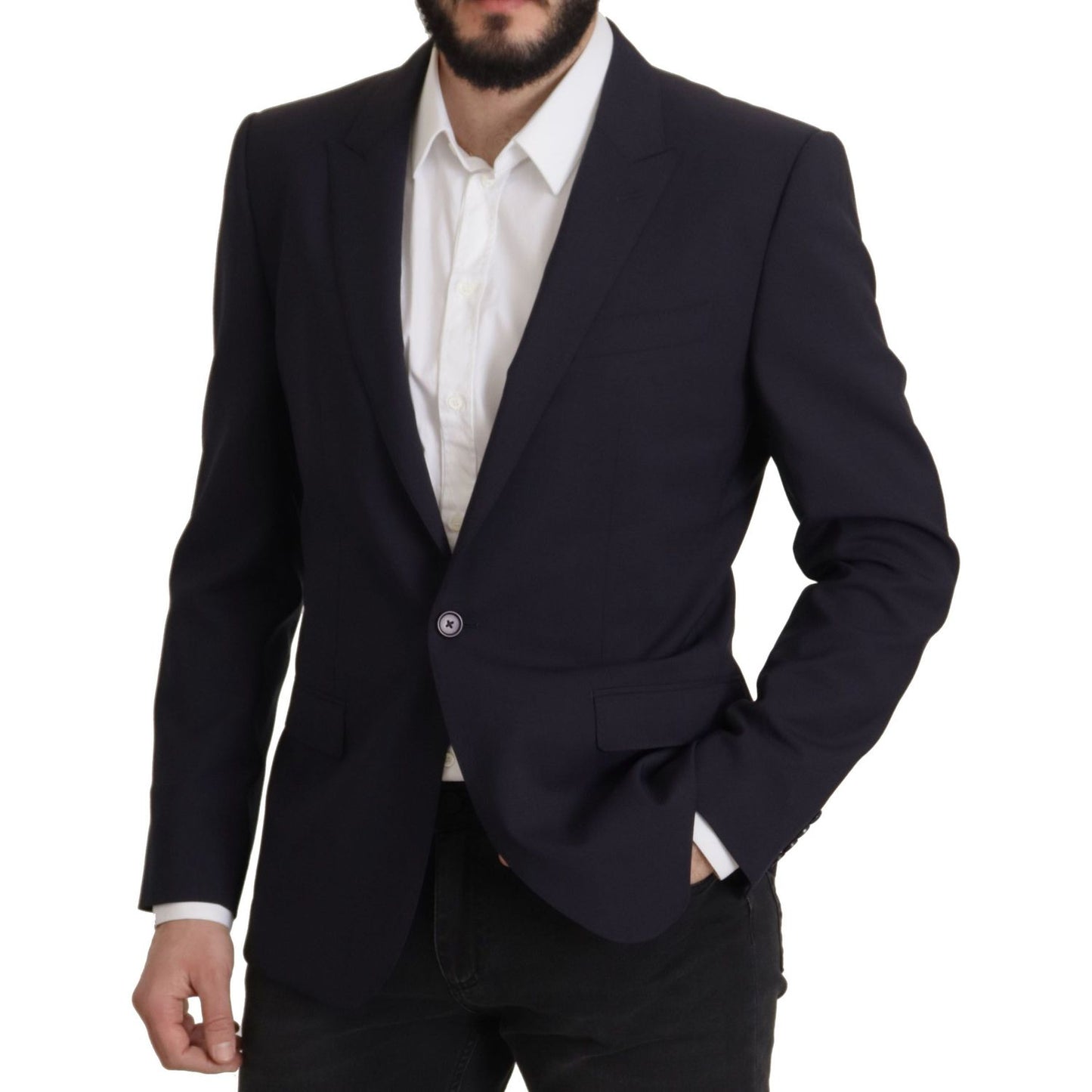 Elegant Navy Wool Blend Slim Blazer