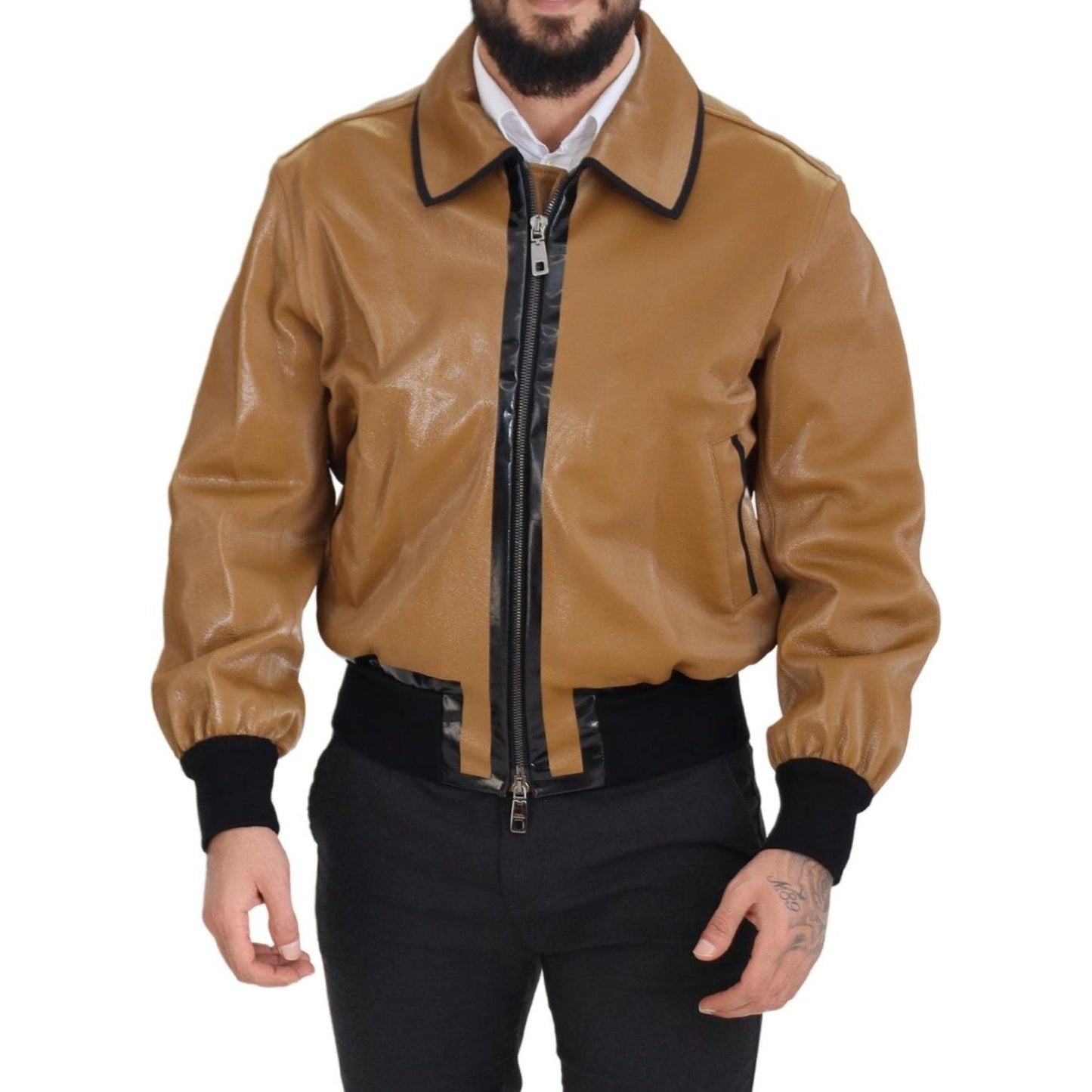 Elegant Dark Camel Zip Blouson Jacket