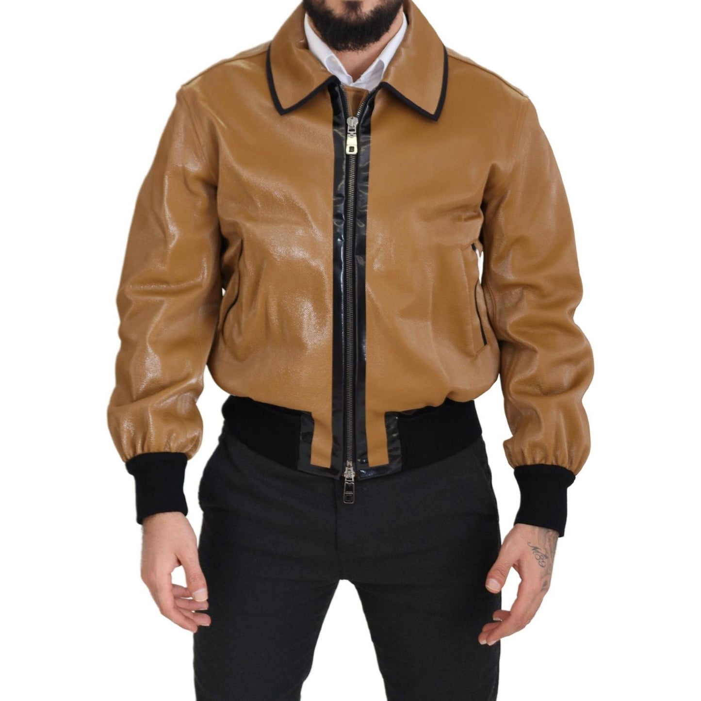 Elegant Dark Camel Zip Blouson Jacket