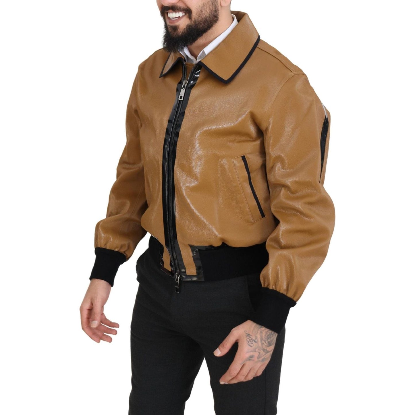 Elegant Dark Camel Zip Blouson Jacket