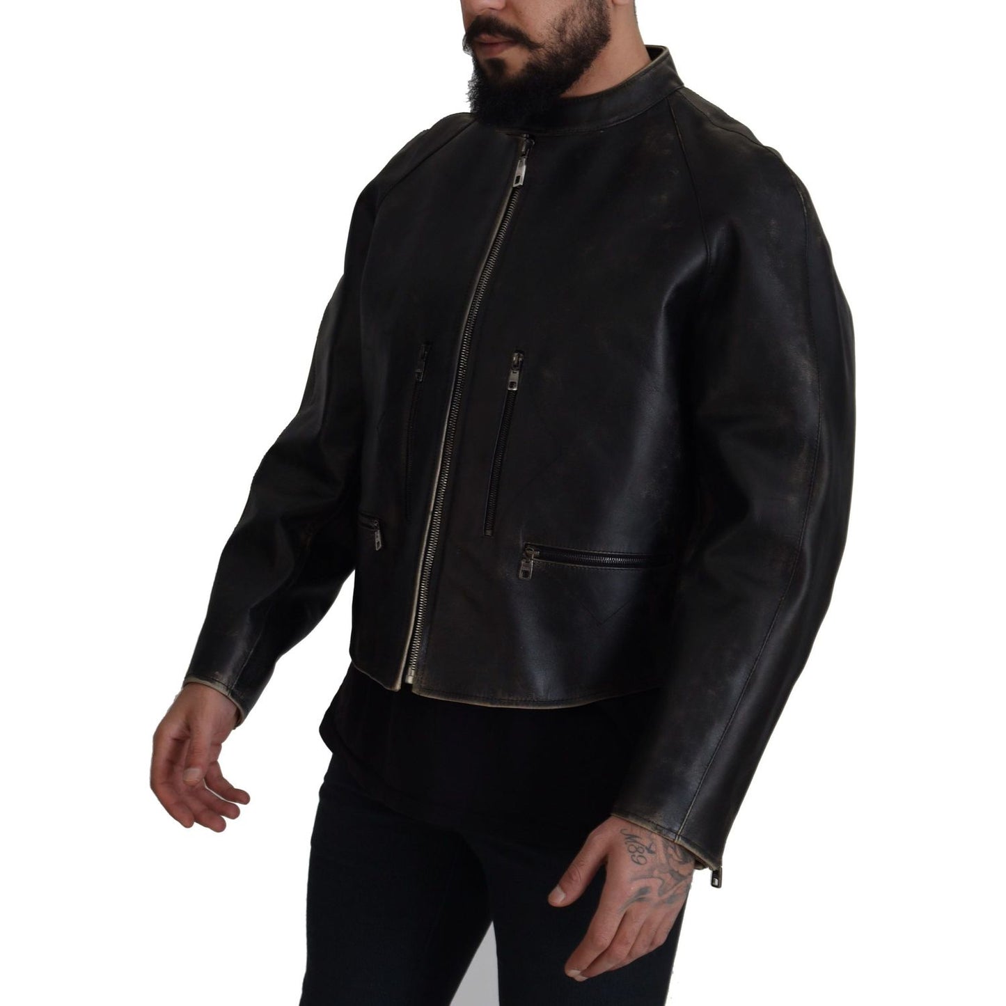 Elegant Black Leather Jacket with Silver Details