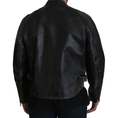 Dolce & Gabbana Black Leather Zipper Biker Coat Jacket