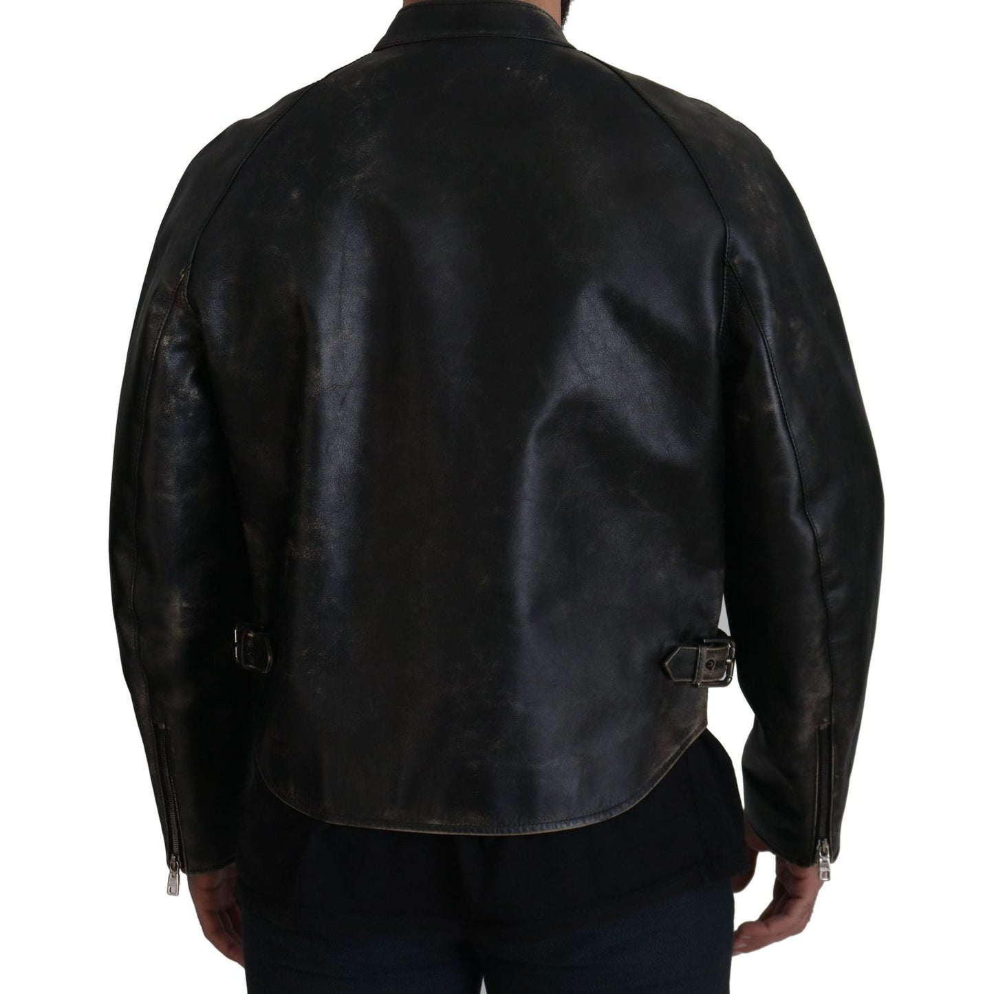 Elegant Black Leather Jacket with Silver Details