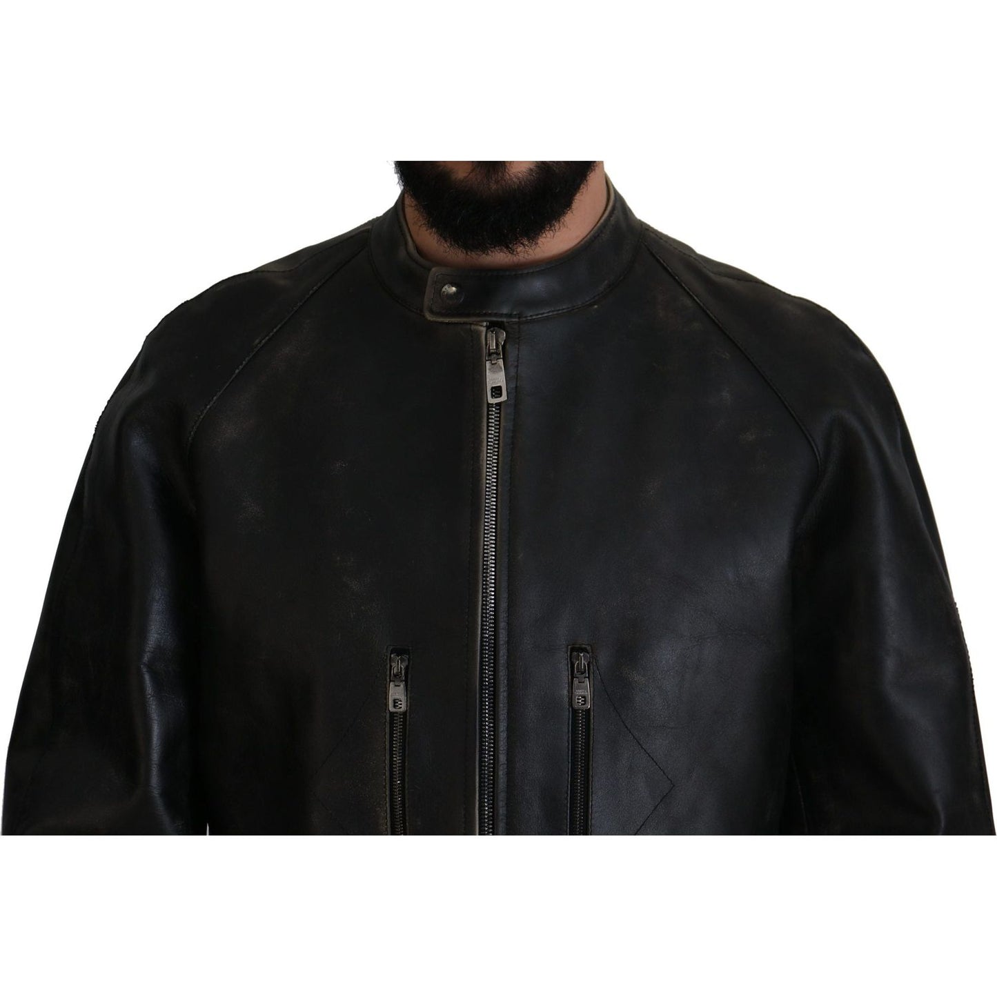 Elegant Black Leather Jacket with Silver Details