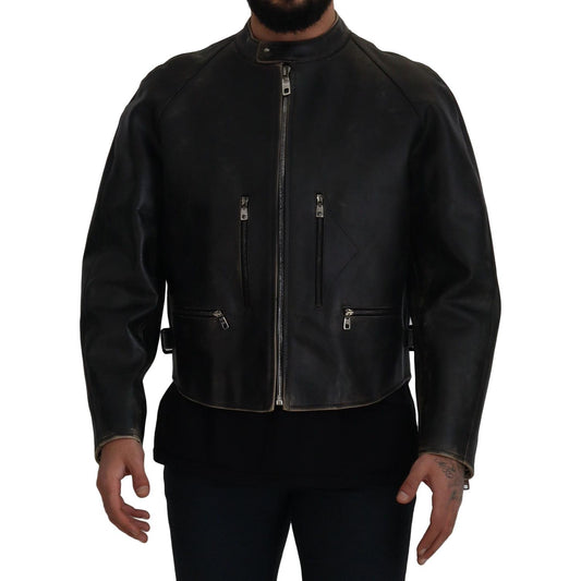 Dolce & Gabbana Black Leather Zipper Biker Coat Jacket