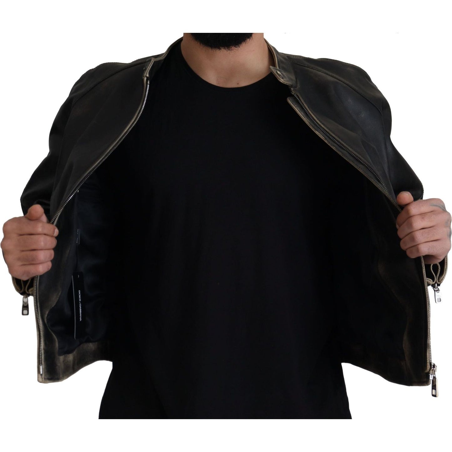 Elegant Black Leather Jacket with Silver Details