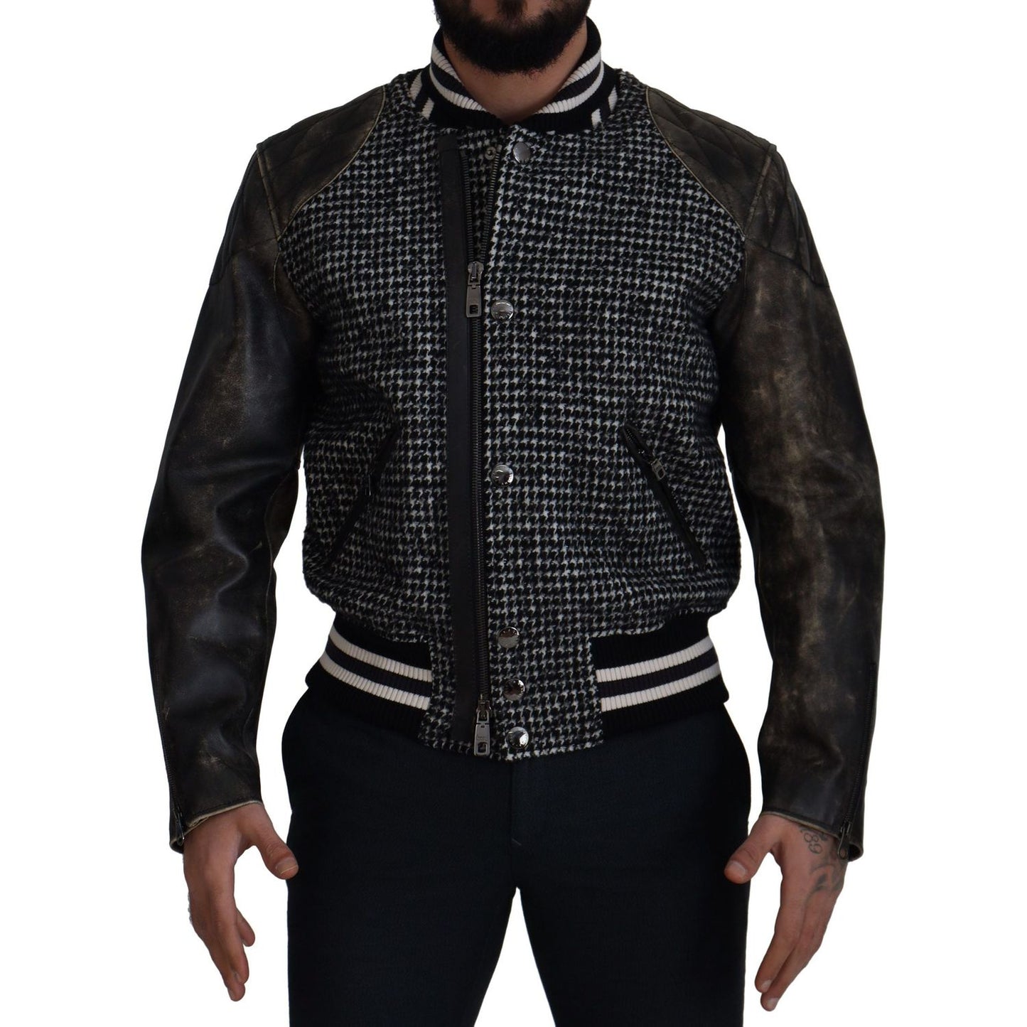 Dolce & Gabbana Black Houndstooth Polyester Bomber Jacket