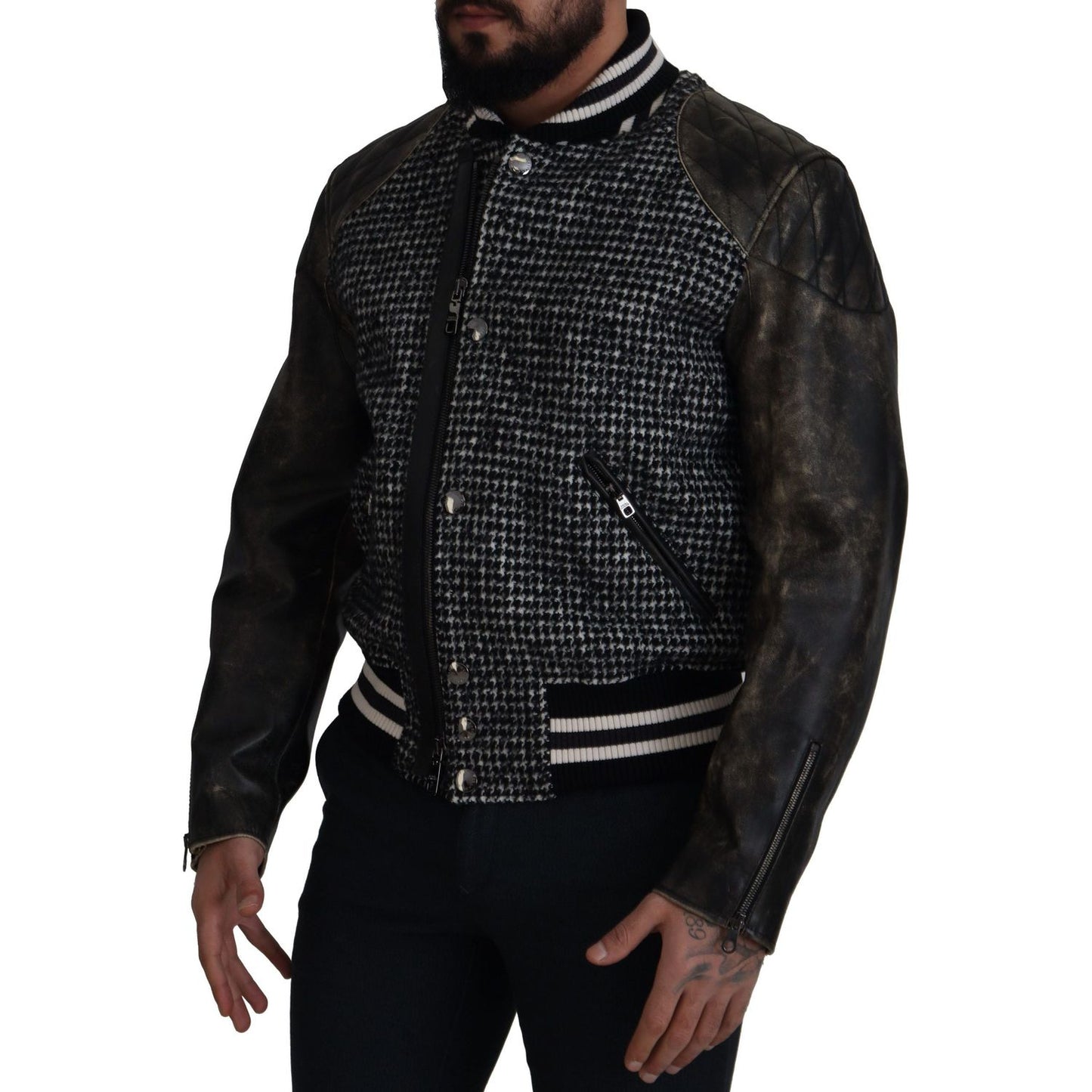 Dolce & Gabbana Black Houndstooth Polyester Bomber Jacket