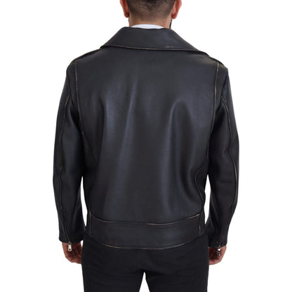 Dolce & Gabbana Black Leather Biker Coat Zipper Jacket