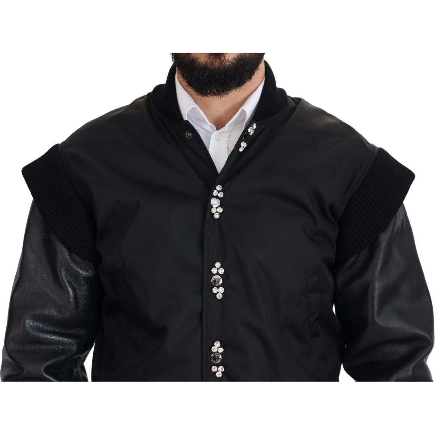 Dolce & Gabbana Black Nylon Crystals Coat Buttons Jacket