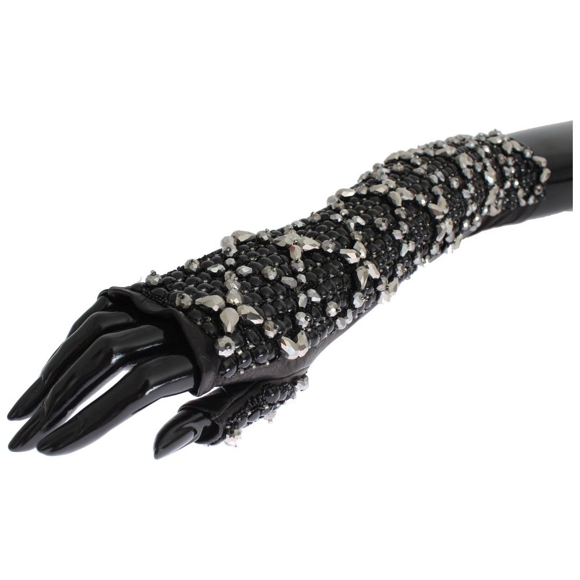 Elegant Black Crystal Beaded Leather Gloves