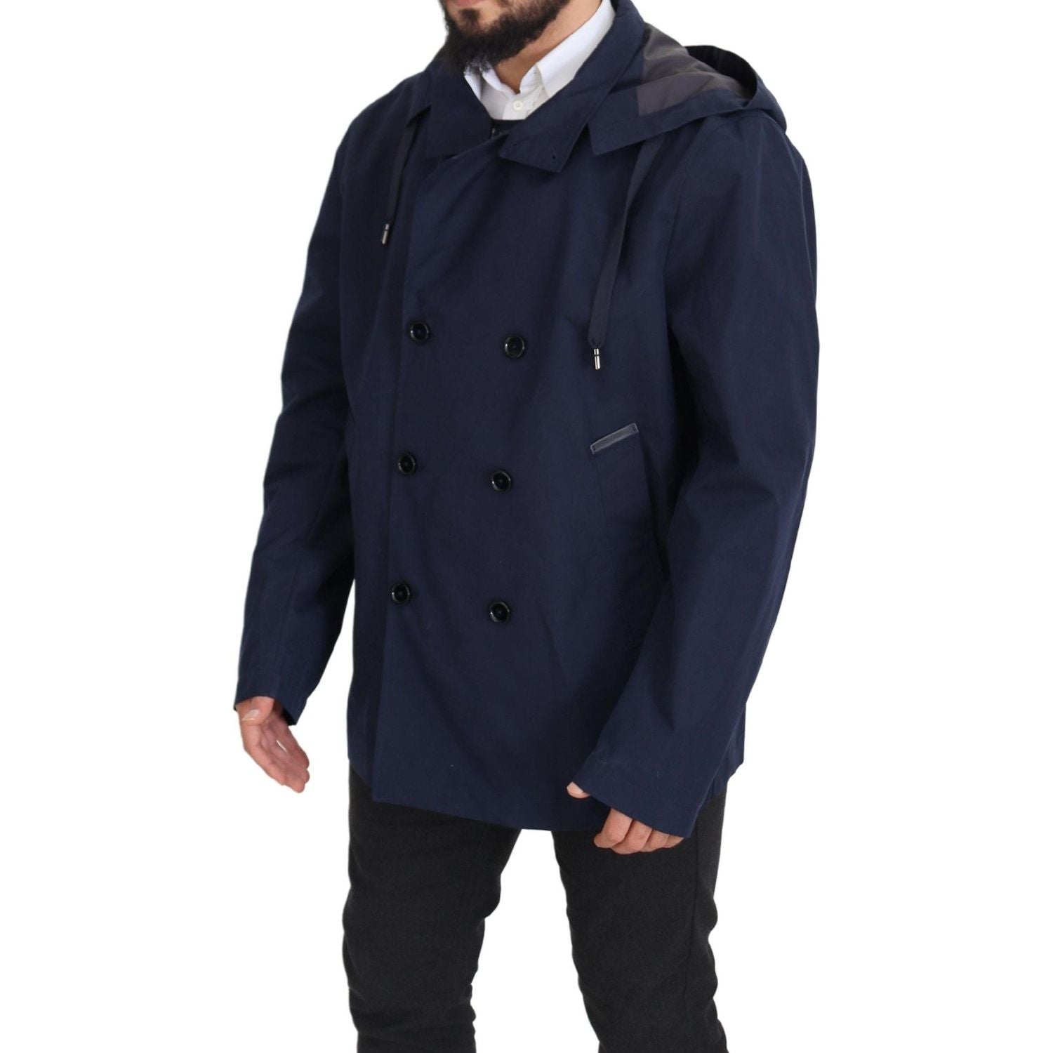 Dolce & Gabbana Blue Hooded Double Breasted Coat Jacket