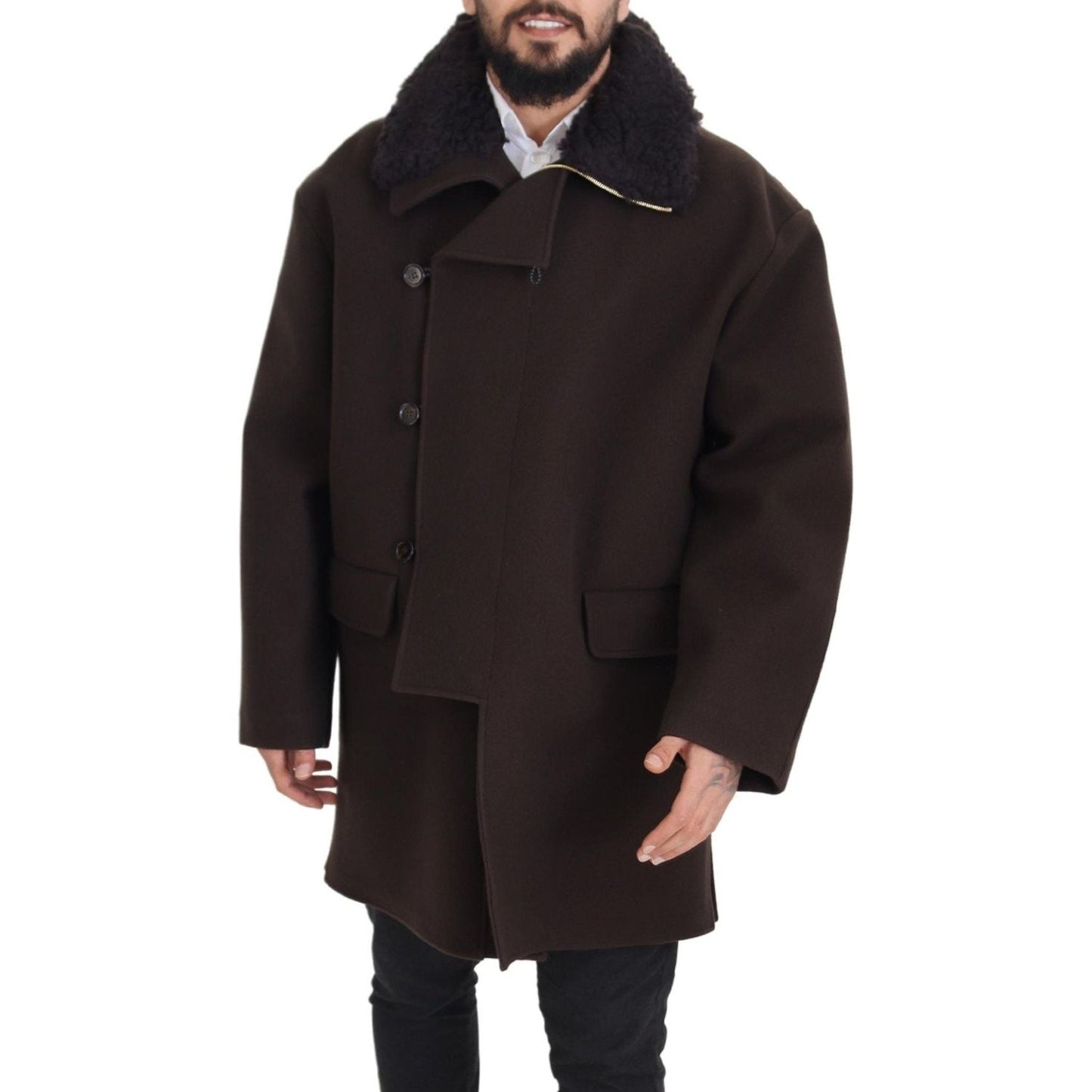 Elegant Dark Brown Shearling Coat Jacket