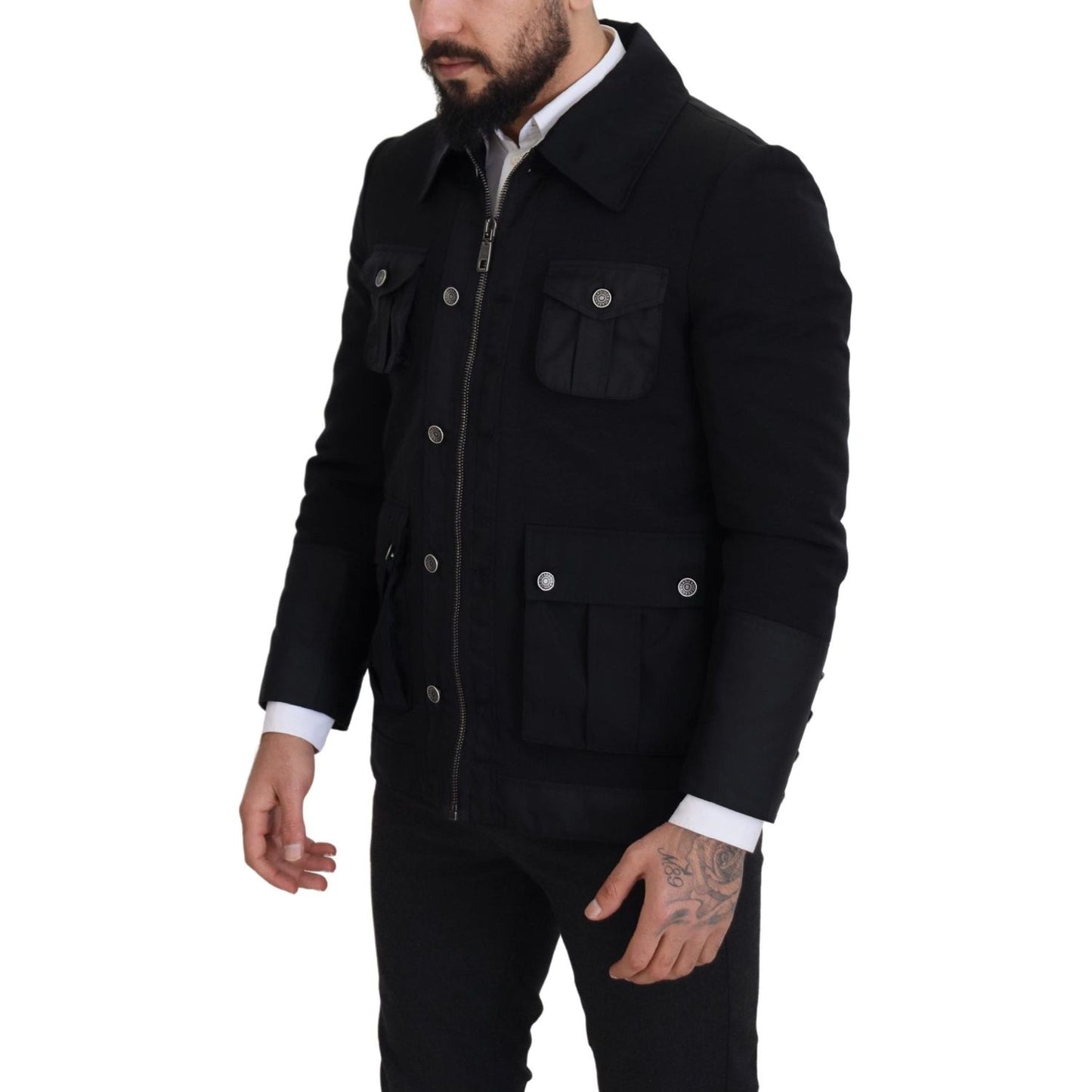 Elegant Full Zip Black Wool Blend Jacket