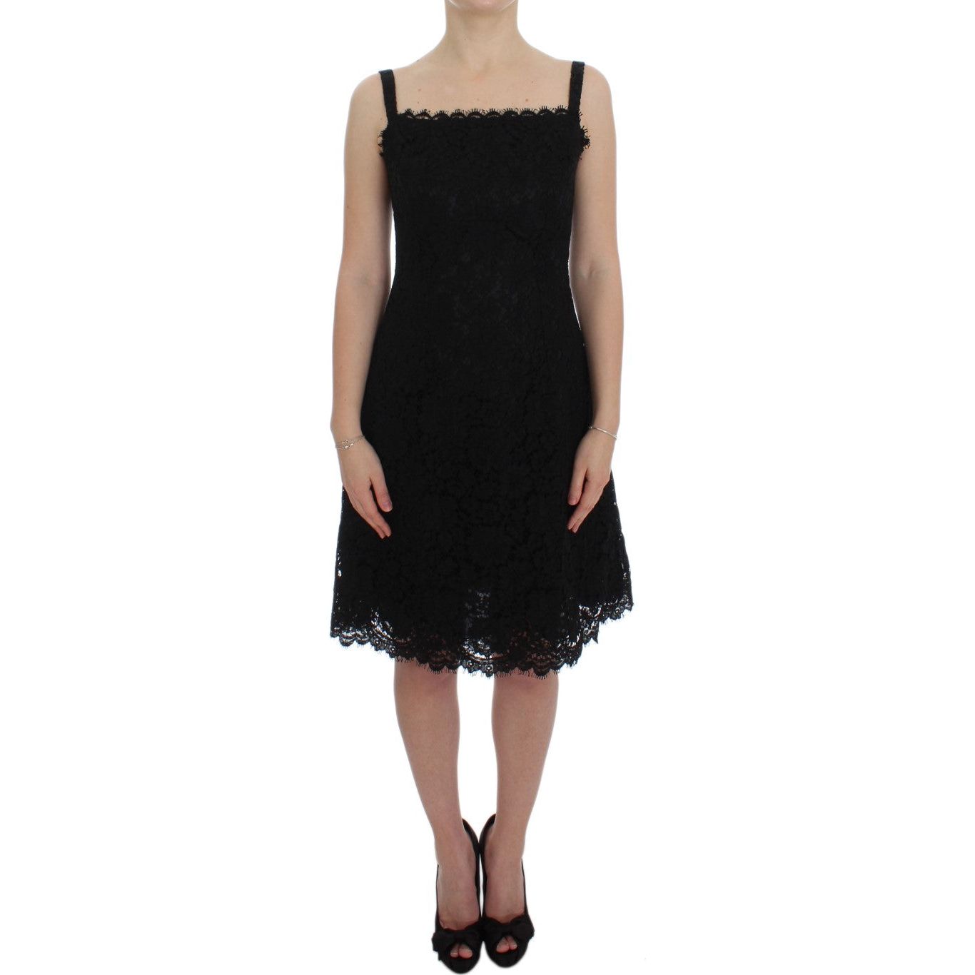 Elegant Black Floral Lace Knee-Length Dress