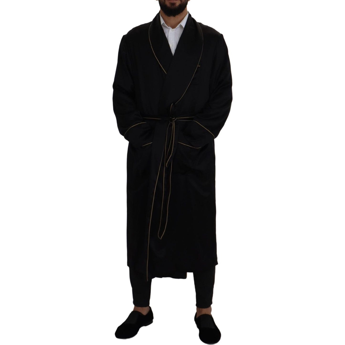 Elegant Black Silk Long Robe Coat