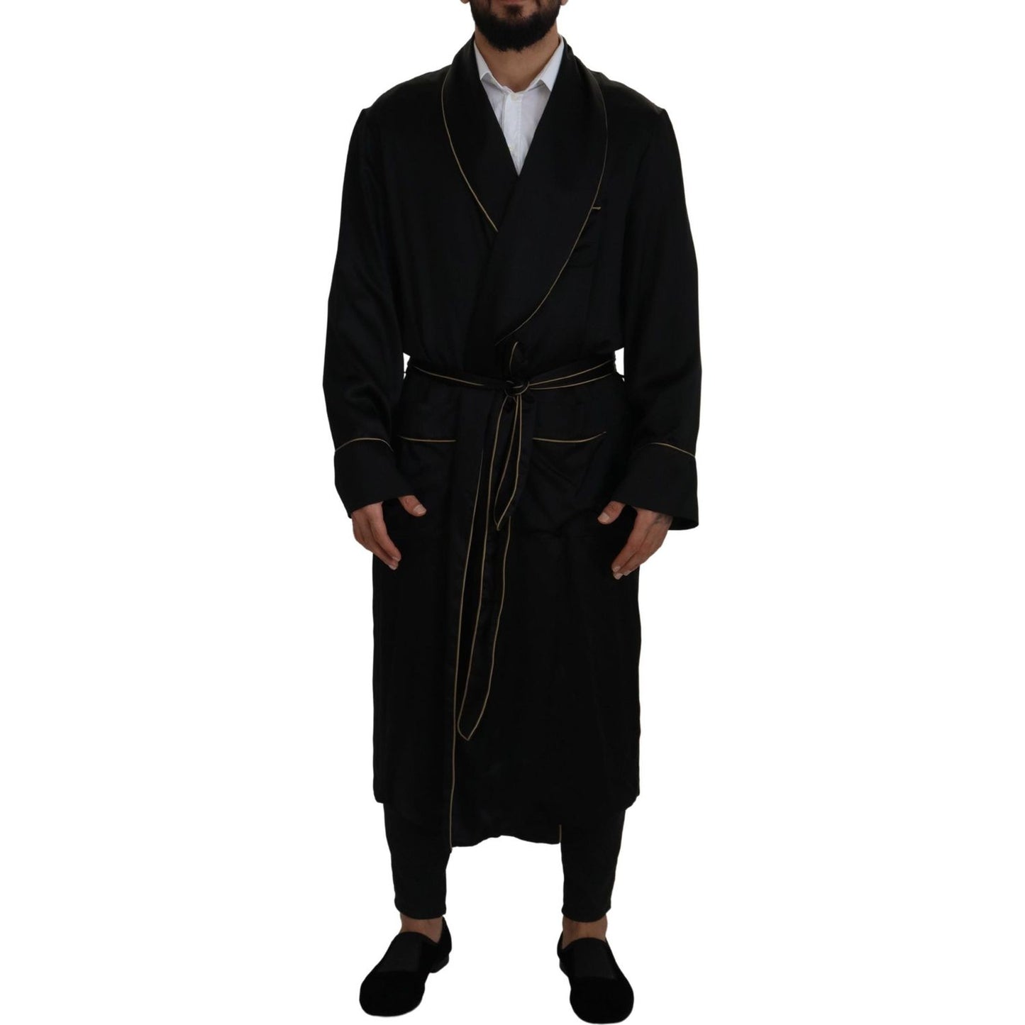 Elegant Black Silk Long Robe Coat