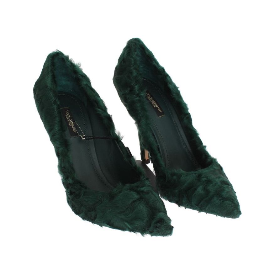 Elegant Green Xiangao Fur Leather Pumps