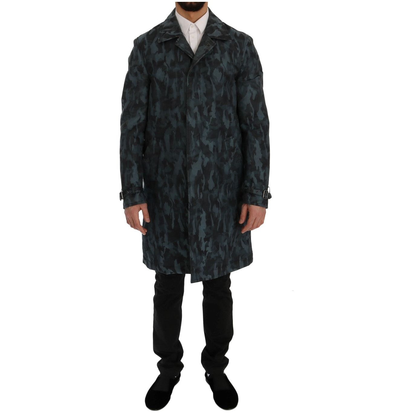 Blue Camouflage Trench Coat Elegance