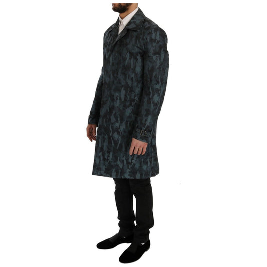 Blue Camouflage Trench Coat Elegance