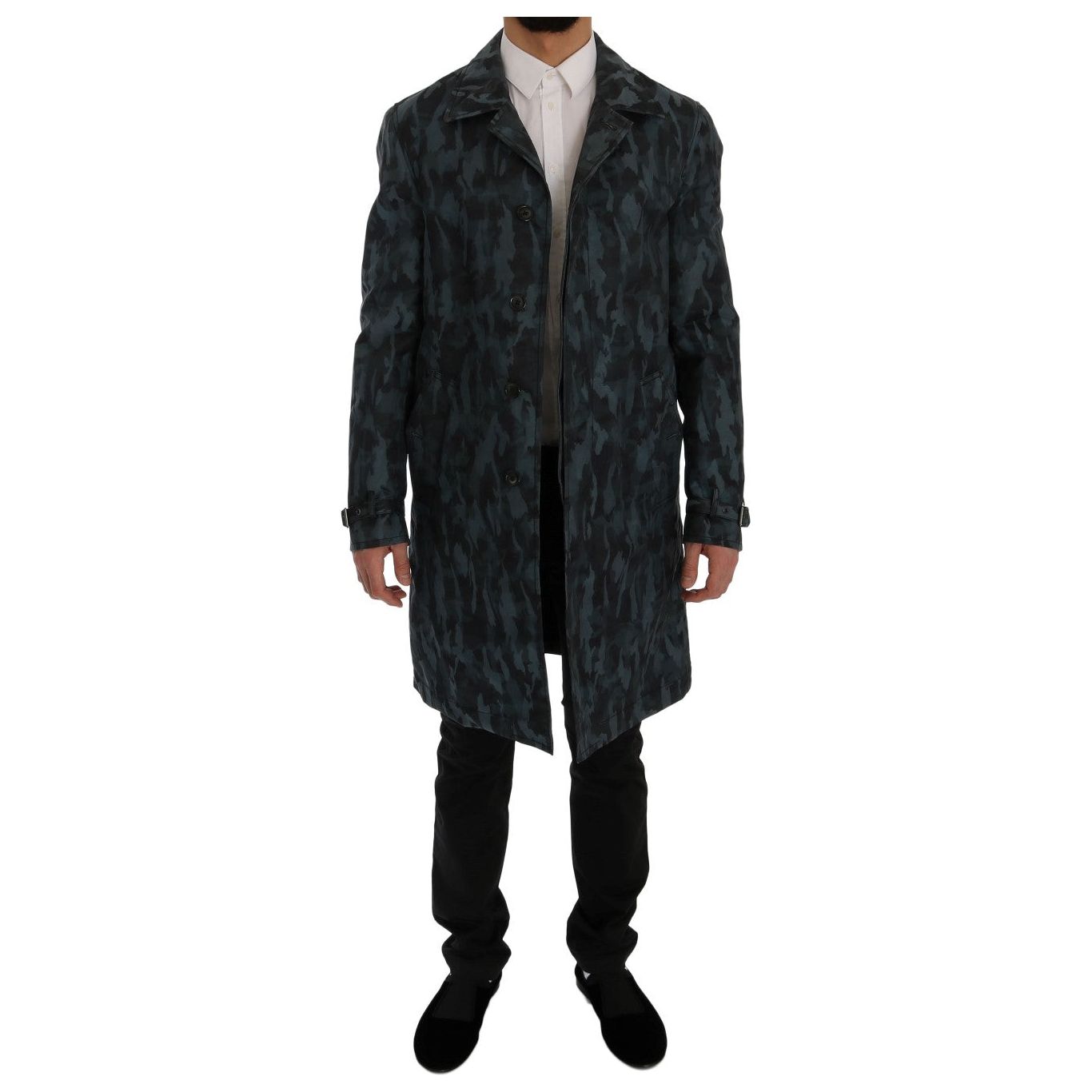 Blue Camouflage Trench Coat Elegance