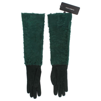 Dolce & Gabbana Green Leather Xiangao Fur Elbow Gloves