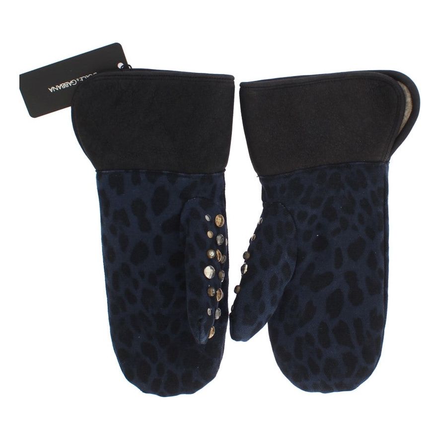 Dolce & Gabbana Chic Gray Wool & Shearling Gloves with Studded Details gray-wool-shearling-studded-blue-leopard-gloves