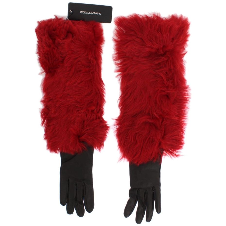 Dolce & Gabbana Elegant Red Leather Elbow Long Gloves brown-leather-red-fur-elbow-gloves
