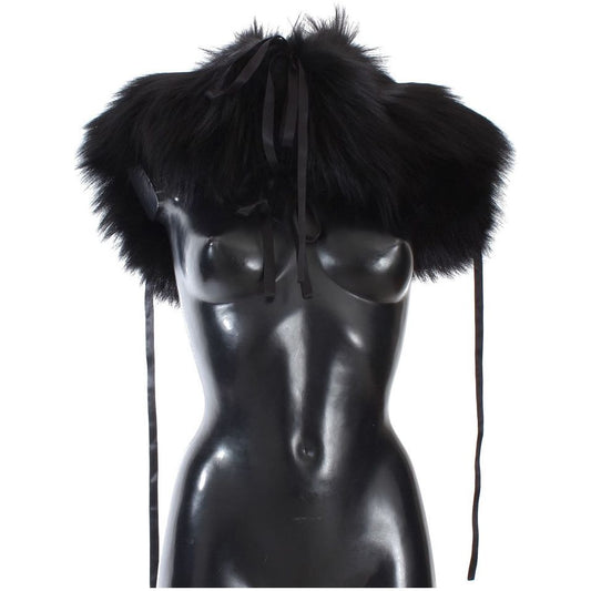 Dolce & Gabbana | Elegant Black Fox Fur Silk Shoulder Wrap| McRichard Designer Brands   
