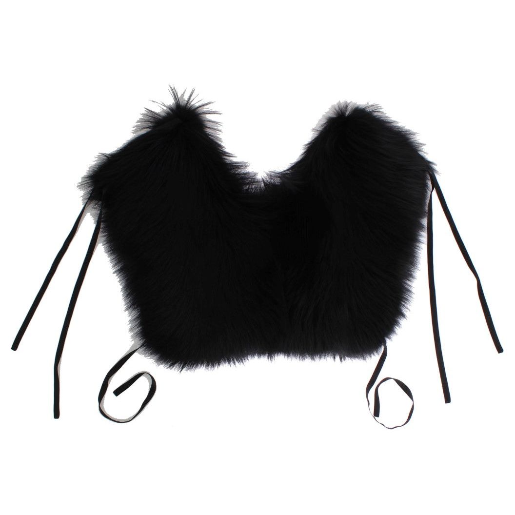 Dolce & Gabbana Elegant Black Fox Fur Silk Shoulder Wrap Fur Wrap Scarves black-fox-fur-shoulder-wrap-cover-collar-scarf