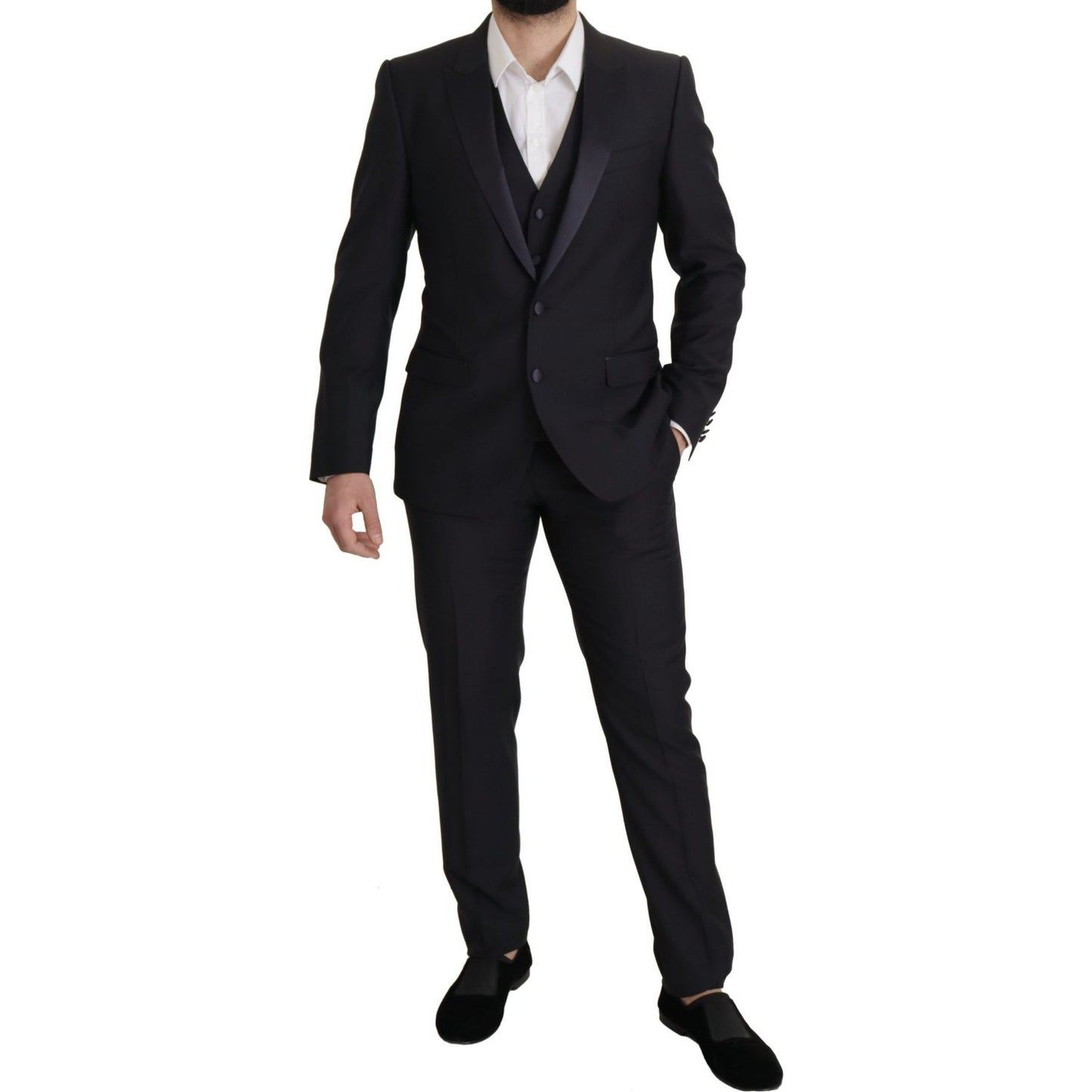 Elegant Black Three-Piece Wool Blend Suit