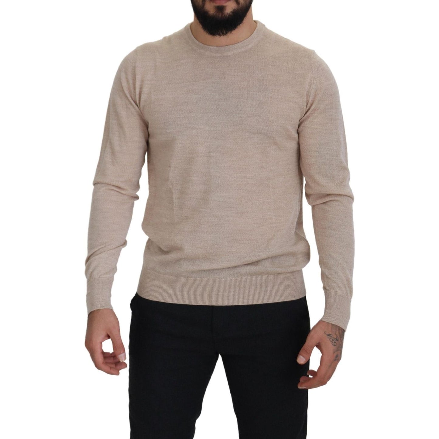 Elegant Beige Crewneck Wool Sweater