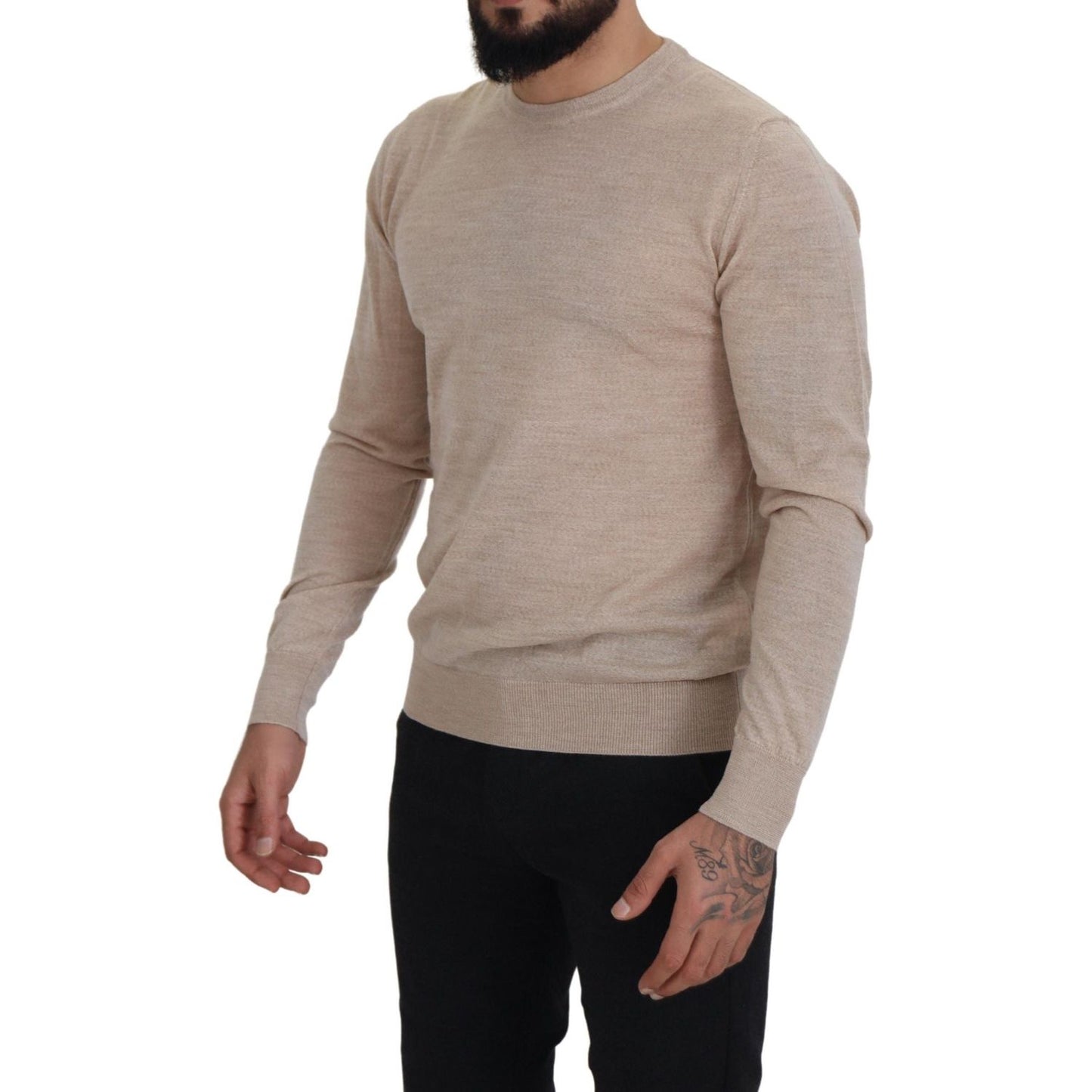 Elegant Beige Crewneck Wool Sweater