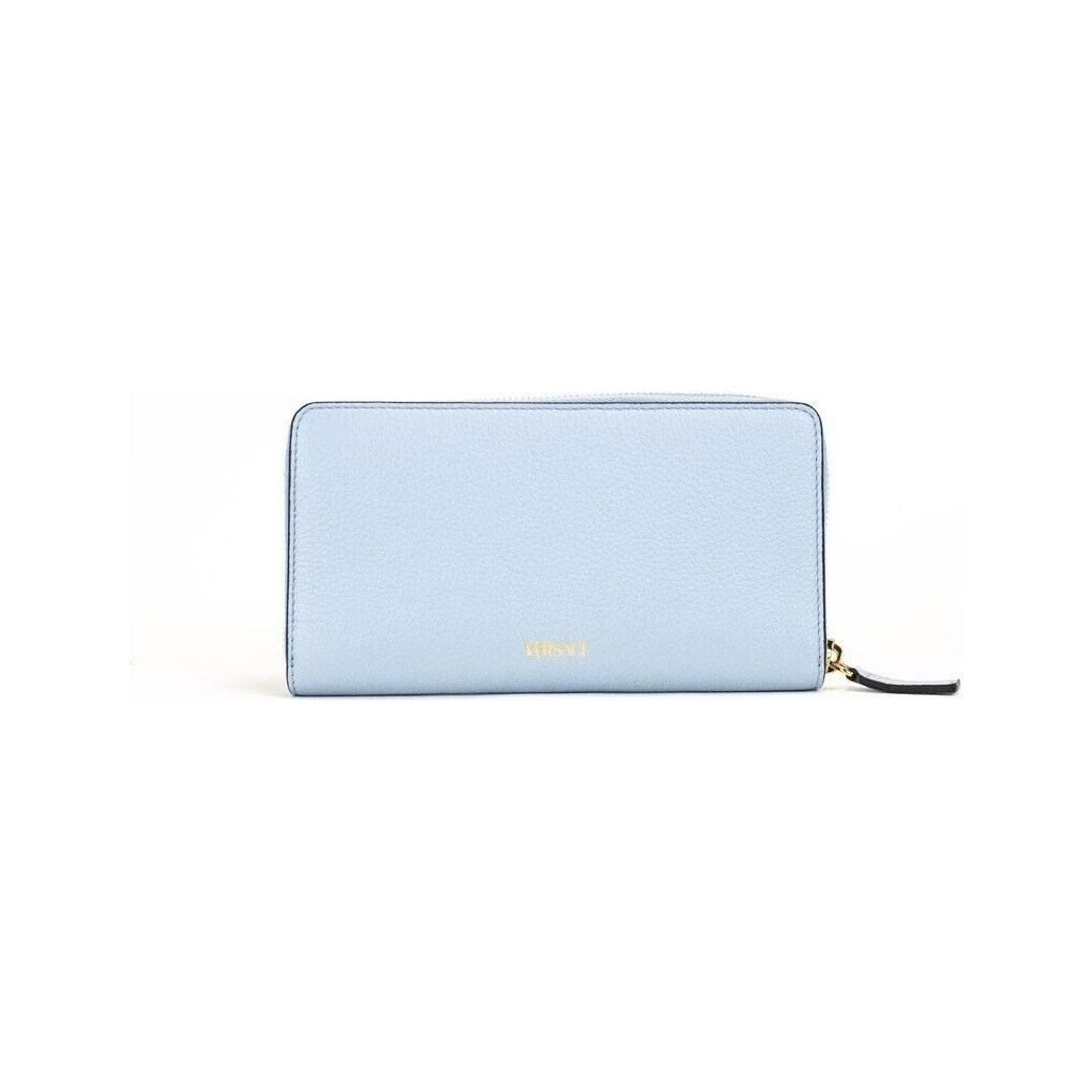 Large Cornflower Grainy Leather Gold Monogram Zip Around Clutch Wallet