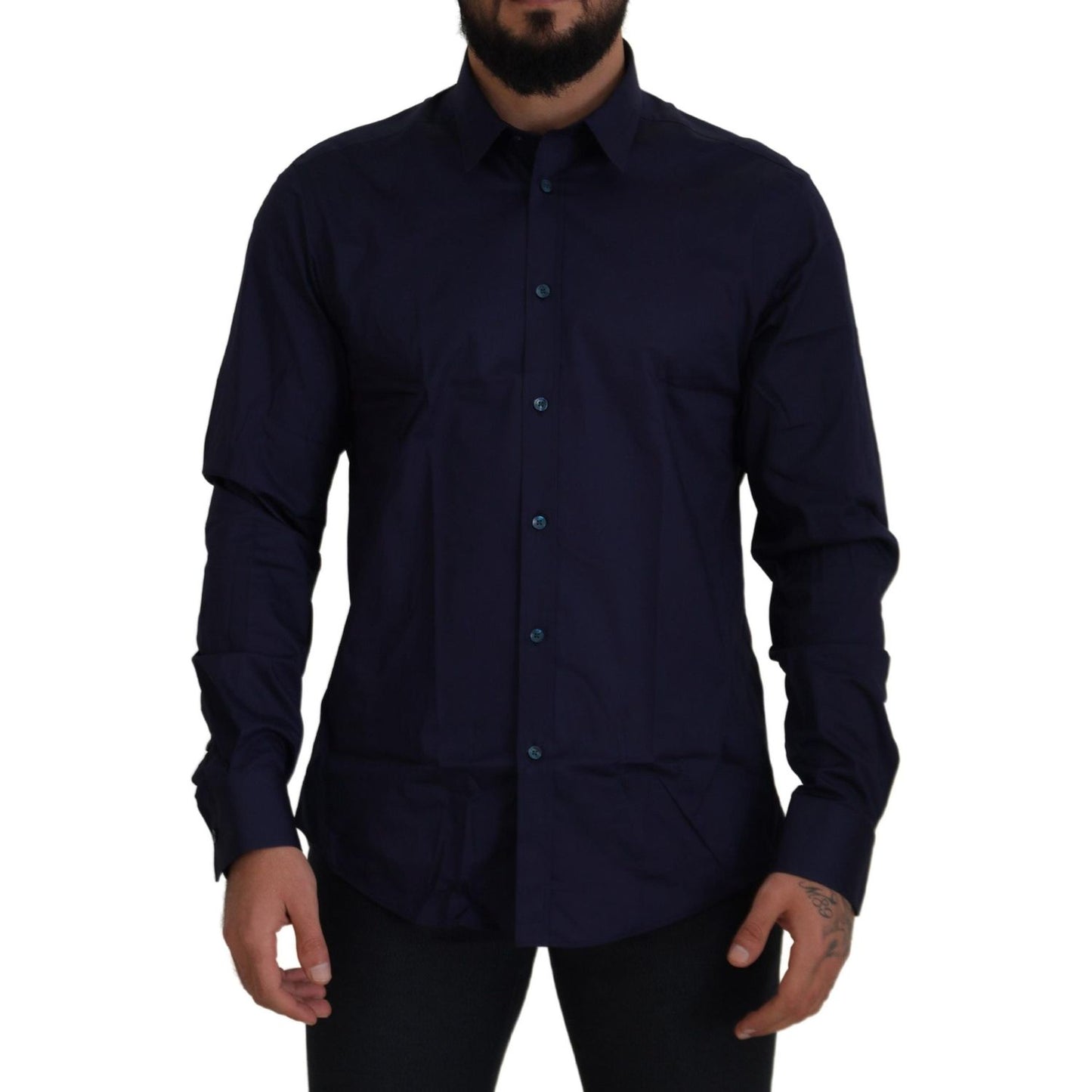 Elegant Dark Blue Cotton Blend Dress Shirt