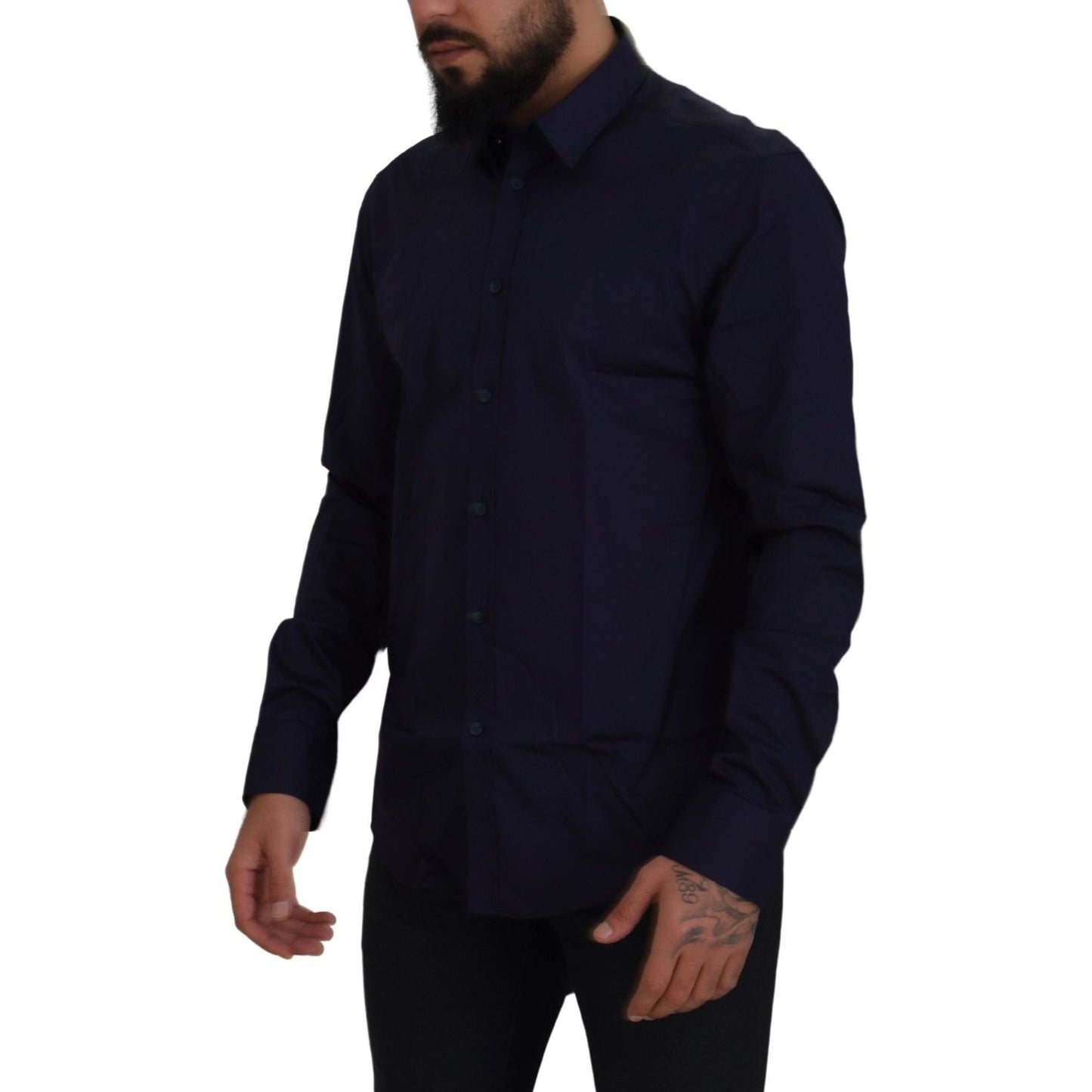 Elegant Dark Blue Cotton Blend Dress Shirt