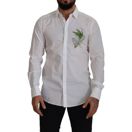 Dolce & Gabbana White Cotton Peacock Feather Formal GOLD Shirt Dolce & Gabbana