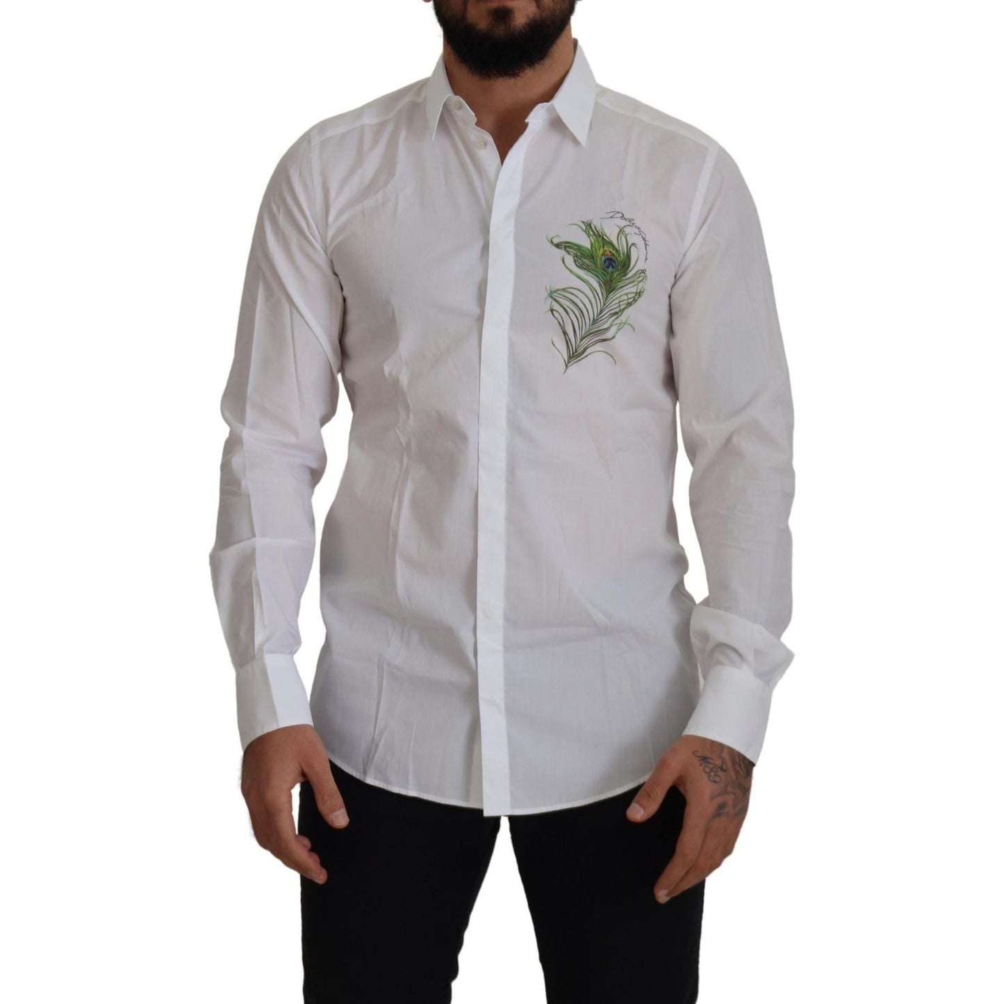 Elegant White Peacock Feather Dress Shirt